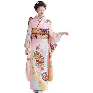 NELLN Japanse traditionele kimono-jurk met riemprint bloem luchtige jurken kostuum dames kimono jurk pak (kleur: roze hangende voering, maat: volledige set)