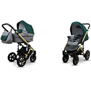 Babylux Sky Lark Kinderwagen 2in1 Deep en Kinderwagen met Accessoires Verstelbare en Opvouwbare Lichtgewicht Aluminium Constructie 2 Montagemogelijkheden Grey Flex Green Gold Frame