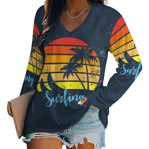 Vintage zonsondergang strand surf boom vrouwen casual lange mouw T-shirts V-hals gedrukt grafische blouses tee tops 2XL