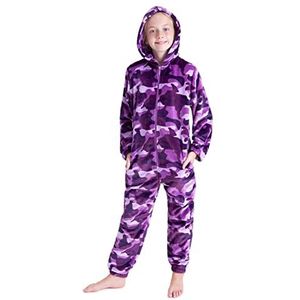 CityComfort rompertjes voor jongens, donzige fleece pyjama voor kinderen en tienerjongens meisjes, camo romper, warme winterpyjama 7-14 jaar (Paars Camouflage, 9-10 jaar)