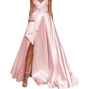 Strapless Galajurken Lange Baljurk Satijn Trouwjurk voor Bruid A Lijn Formele Avondfeestjurken met spleet, Blush Roze, 42