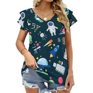Ruimte Patroon Shuttle Raket Astronaut Sterren Grafische Blouse Top Voor Vrouwen V-hals Tuniek Top Korte Mouw Volant T-shirt Grappig