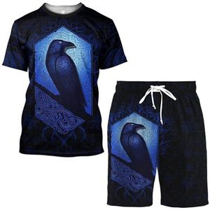 MYZTTZR Odin Raven Mannen Zomer Hawaiian Sets, 3D Print Casual Korte Mouwen Shirt en Strand Shorts Outfits Nordic Gift,Blue raven,3XL