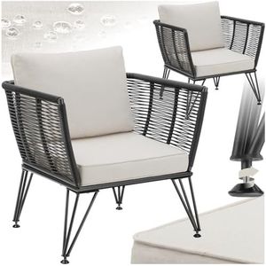 tectake® Loungestoelen Sundo, 2 Fauteuils voor Tuinset, Balkonset of Terras, Wicker Tuinstoelen Set in Rope-Design, Weerbestendig, Inclusief Kussens, Loungestoel Buiten, Loungeset Tuinmeubels, Stoelen