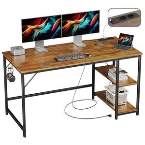 JOISCOPE Bureaus, Computer Bureau met Voedingsocket, USB & Type-C, Esports Tafel met Haken, Home Office Bureau, Studietafel met Houten Planken, voor Studie, Kantoor, Slaapkamer, 140cm, Eiken Vintage