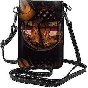 Amerikaanse vlag met cowboylaarzen lederen cross body flip telefoontas met afneembare schouderbanden, gebruikt voor reizen, dating, vakantiegeschenken, Zwart, Eén maat