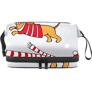 Grote capaciteit reizen cosmetische tas, Happy Twin Dog met Scraf Hat Kerst Grijs, Make-up Tas, Waterdichte Make-up Bag Organizer, Meerkleurig, 27x15x14 cm/10.6x5.9x5.5 in