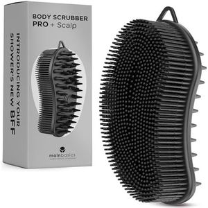 MainBasics Exfoliërende siliconen bodyscrubber Pro 2-in-1 doucheschrobber voor lichaamsverzorging, siliconen loofah bodywash scrubber (zwart, lichaam + hoofdhuid)