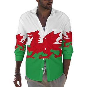 Vlag van Wales herenoverhemd met lange mouwen, casual strandtops met zak, normale pasvorm
