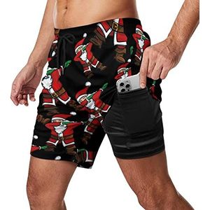 Dabbing Kerstman Zwembroek voor heren, sneldrogend, 2-in-1 strandsportshorts met compressieliner en zak