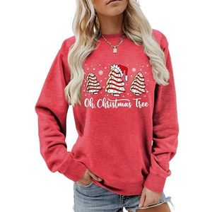 MLZHAN Oh kerstboom vrouwen sweatshirt schattige kerstbomen met hoeden sneeuw print vrolijk kerstfeest lange mouw sweatshirts (rood 2, XL), Rood 2, XL