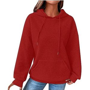 beetleNew Hoodies voor Vrouwen UK Sale Mode Wafel Hooded Sweatshirt voor Vrouwen Winter Dames Casual Losse Warme Knusse Trui met Kangoeroe Pocket, Rood, L