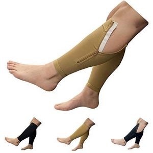 HealthyNees Shin 20-30 mmHg Compressie Extra Brede Grote Kuitbeen Plus Size Mouw (Beige met Ritssluiting, 3X-Large)