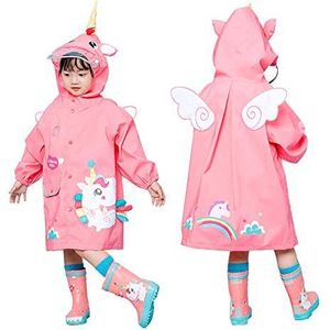 JinBei Kinderen Meisje Regenjas Capuchon Waterdichte Poncho Regenkleding Regen Cape Dragen Leuke 3D Cartoon Patroon Ademend Regenpak, Reflecterende Strepen, Roze Eenhoorn 3-4 Jaar