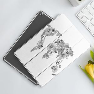 CONERY Hoesje compatibel iPad 10,2 inch (9e/8e/7e generatie) Floral World Map,Floral Planet Bloemblaadjes met vlinders vliegen op continenten oceanen grafisch,zwart,Slim Smart Magnetische Cover met