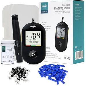 EUROPAPA® bloedglucosemeter met bloedglucoseteststrips, bloedlancetten en prikpen, bloedglucosemeetsysteem diabetesset mg/dL voor 50 lancetten en BG-strips (Zwart)