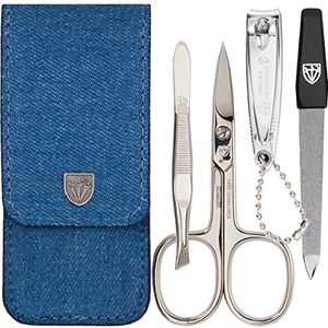 DREI SCHWERTER - 4-delige nagelverzorgingsset 'Capri' | Hoogwaardige nageletui voor manicure en pedicure. Kleur: Textiel denim look | Inhoud: Nagelschaar, nagelknipper, pincet, saffier nagelvijl