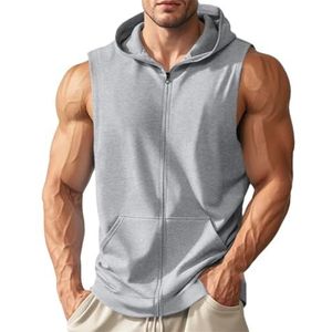 Heren zomer sport fitness training rits capuchon mouwloos vest los ademend T-shirt, Lichtgrijs, S