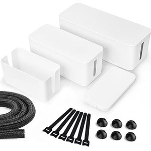Lannvan Kabelbox, set van 3 kabelboxen, wit (groot en medium en klein) van ABS-kunststof, kabelmanagementbox, kabelbox, organizer, kabelbox, set inclusief kabelhouder, kabelbinders en kabelslang om