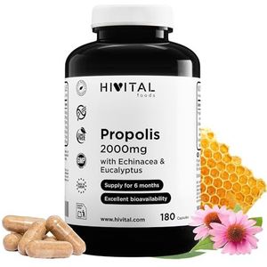 Propolis 2000 mg. 180 veganistische capsules voor 6 maanden behandeling. Propolisextracten met 10% galangine, Echinacea met 4% polyfenolen en Eucalyptus. Gefabriceerd in Europa door HIVITAL