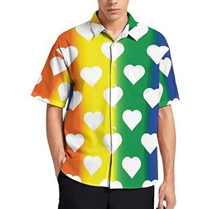 Witte Harten op LGBT Regenboog Hawaiiaanse Shirt Voor Mannen Zomer Strand Casual Korte Mouw Button Down Shirts met Zak