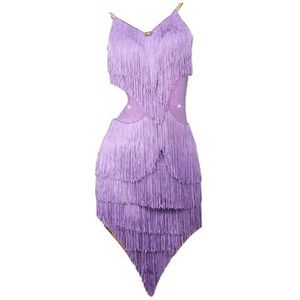 FZHQNZJF Rugloos Latijns Prestatie Rok Dames Balzaal Dansende Jurken Kwast Tango Chacha Concurrentie Kostuum Steentjes Salsa Oefening Danskleding,Purper,L