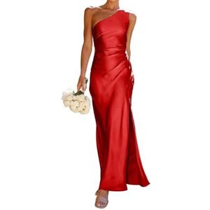 WSEYU Een schouder bruidsmeisjes jurken lange satijnen zeemeermin prom jurk geplooide formele feestjurk met split, Rood, 38