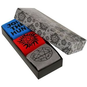 Elbenwald Supernatural Sokken 3-delige set voor heren en dames, uniseks, van katoen, geschenkdoos, blauw, rood, grijs, Meerkleurig, 36-39 EU