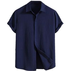 Dcvmvmn Heren zomer shirt met korte mouwen losse effen knoop korte mouw grote maat katoenen overhemd, Donkerblauw, XL