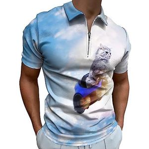 Grappige kat vliegende blauwe hemel poloshirt voor mannen casual T-shirts met rits kraag T-shirts golftops slim fit