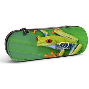 Potlood Case Dier Kikker Bladeren Afdrukken Lederen Potlood Pouch Grote Capaciteit Potlood Pen Case Cosmetische Tas