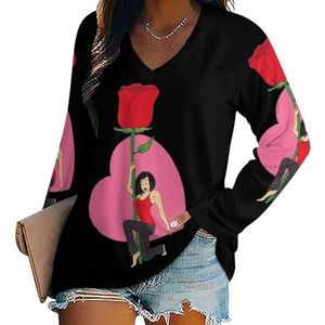 Valentines Girl Without Rose vrouwen casual lange mouw T-shirts V-hals gedrukte grafische blouses Tee Tops 2XL