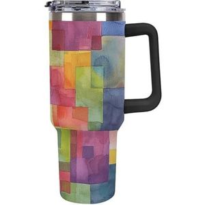 FHESDCW Heldere kleuren Abstract Grote Capaciteit Auto Cup 40oz RVS Tumbler met Handvat Geïsoleerde Water Fles met Stro En Deksel Gedrukt Mokken Past in Auto Bekerhouder