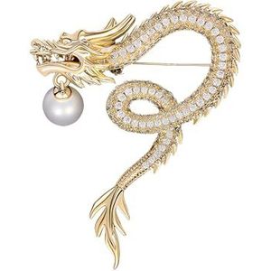Wedding Brooch Gesimuleerde kristallen drakenbroche for dames, goudkleurige dierenriem Chinese draakvormige pin met gesimuleerd pareldecor