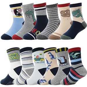 ANTSANG Baby Boys Antislip Sokken voor Kinderen Peuters Babys Nietglijdend Cotton Crew Socks 12 Pairs(Jongens-dinosaurus (12 paar),24-26)