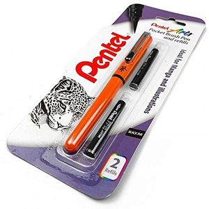 Pentel Navulbare Pocket Brush Pen - met 2 zwarte inktcartridges - oranje vat