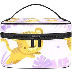 Luxe tropisch gouden bladeren patroon make-up tas voor vrouwen meisjes cosmetische tassen met handvat reizen make-up organizer tas, Mooie tijgers & bladeren patroon, 8.9x5.9x5.4 Inches, Make-up zakje