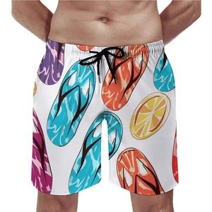 Kleurrijke Flip Flops Hibiscus Bloemen Heren Strand Shorts Sneldrogende Board Shorts Mesh Voering Strand Broek Gym Zwembroek S