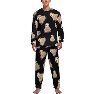 Leuke yoga mediterende luiaard zachte heren pyjama set comfortabele lange mouwen loungewear top en broek geschenken XL