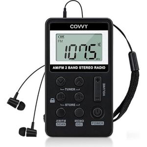 AM/FM draagbare radio, Covvy digitale mini-radio met 500 mAh 3,7 V oplaadbare batterij en hoofdtelefoon (zwart)