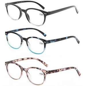 MODFANS Leesbril voor dames, 3 stuks, rond, goede bril, hoogwaardig, modieus, comfortabel, super leeshulp, zwart/blauw/roze