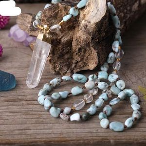 Handmade Natural Blue Apatite Nugget Chip Beads Knot Necklace with White Quartz Point Bead, 32 Inch Long Yoga Necklace for Women (Color : Larimar_40Inch)