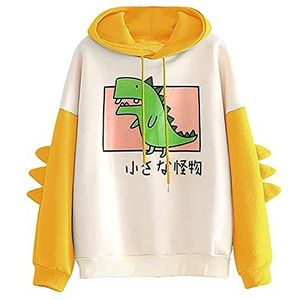 Vrouwen Dinosaurus Hoodie Sweatshirt Lange Mouwen Leuke Kawaii Dino Hoodie Truien Crop Top Dierenkleding Meisjes Tiener Kleding (Kleur: Geel, Maat: L)