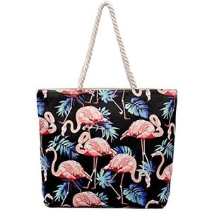 Strandtas Flamingo, grote strandtas met ritssluiting en touwgreep, 37 x 36 x 8 cm, waterdicht, canvas schoudertas, draagtas, zwart, 37x36x8cm