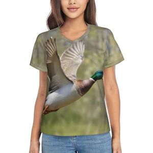 3D Mallard Ducks Prints V-hals T-shirts voor dames, casual tops met korte mouwen, losse pasvorm, ademende zomershirts, 3d, S