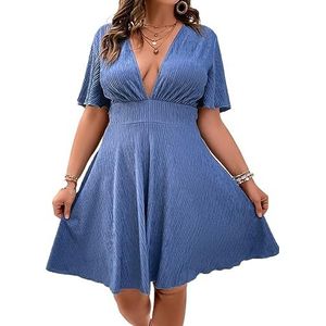 voor vrouwen jurk Plus jurk met diepe hals en vlindermouwen (Color : Blue, Size : 4XL)