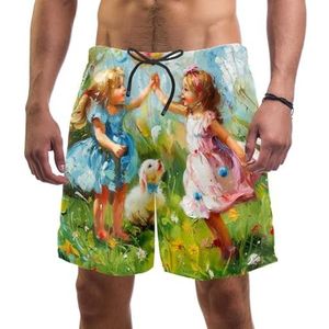 Mannen Board Shorts, Schattig Olieverfschilderij Sneldrogende Badmode Strand Vakantie Party Bermuda Zwemmen Grote Broek, Schattig olieverfschilderij, L