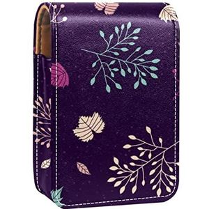 Lipgloss Houder Lipstick Case Draagbare Mini Lipstick Opbergdoos Reizen Lipstick Organizer Case met Spiegel voor Vrouwen Donker Paars Bladeren Patroon-01, Meerkleurig, 9.5x2x7 cm/3.7x0.8x2.7 in