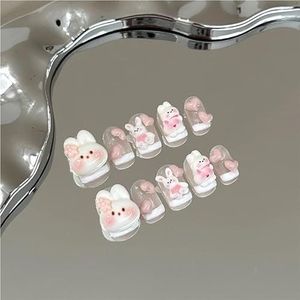 10 stuks handgemaakte 3D Blush Bunny en Flower Press-On Nails - Roze en oranje glanzende korte trapeziumvormige nepnagels for vrouwen en meisjes(M)