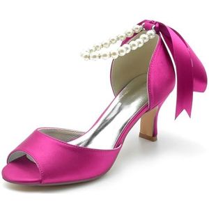 Womens Parel Enkelband Trouwschoenen Pompen Hoge Kitten Hak Satijnen Bruidsschoenen Peep Toe Bruiloft Feest Sandalen,Fuchsia,38 EU